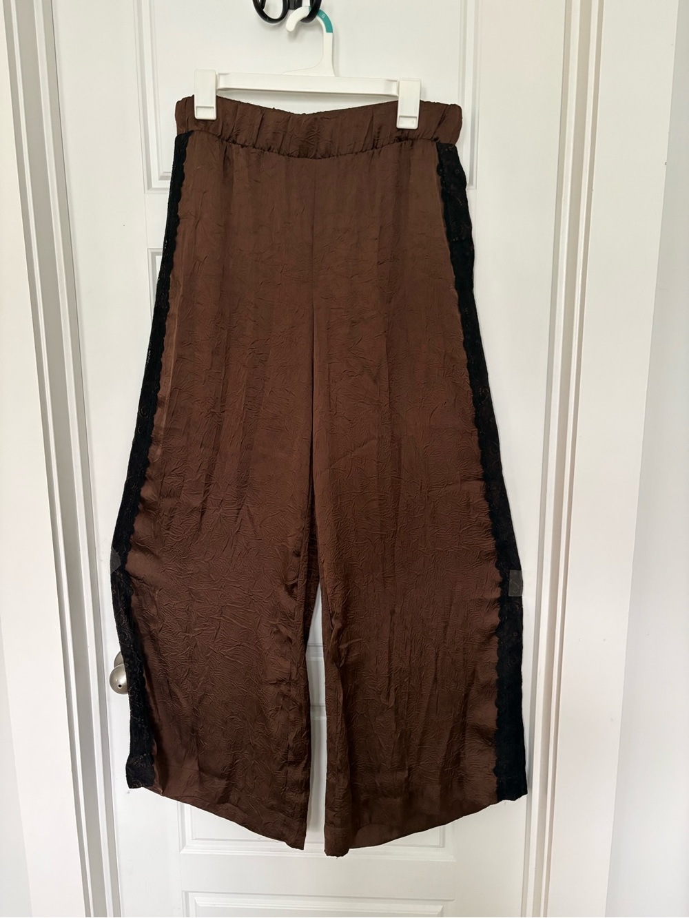 Anthropologie Chocolate Brown Wide-Leg Pants with Black Lace Side Trim - Picture 2 of 4